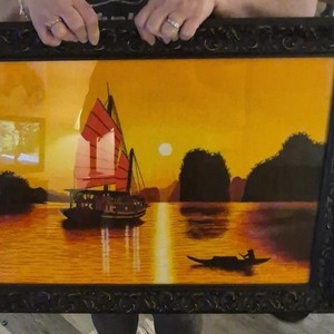 Framed Picture Needlepoint Embroidered Wall Art Sunset Sailboat Water Scene