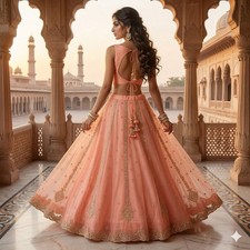 Sanskriti Vintage Peach Net Stitched Lehenga Hand Embroidery Zardozi Sequin Zari