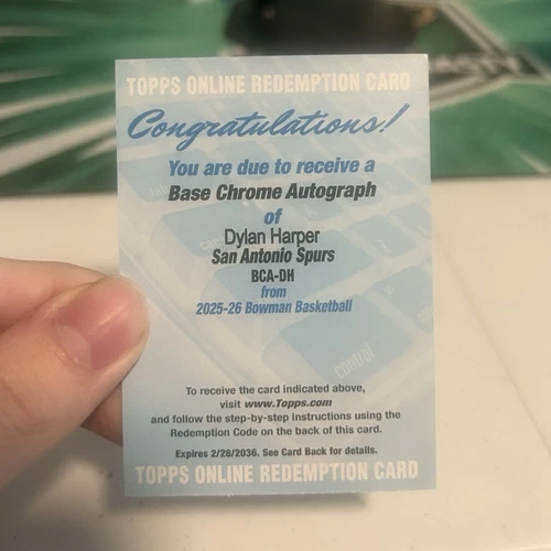 Topps 2025-26 Bowman Basketball Chrome Autograph Redemption Dylan Harper Spurs