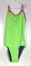 Dolfin Uglies Swimwear Girls ~ 12 One Piece Swimsuit Lime Green Pink Stripe Swim