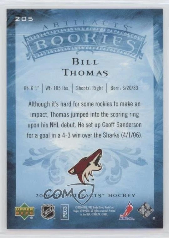 2006-07 Upper Deck Artifacts Bronze /25 Bill Thomas #205 Rookie RC - Image 2 of 2