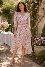 Tommy Hilfiger NWT $139 Size 14 Chiffon Faux-Wrap Midi Dress Pink Garden Cottage