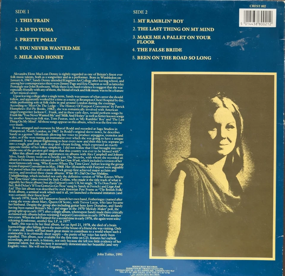 Sandy Denny The Original Sandy Denny Vinyl Record VG/VG CREST002 1991 - Imagem 2 de 2