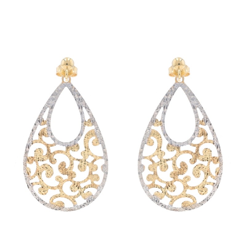 Yellow Gold Scrollwork Teardrop Dangle Earrings -… - image 1