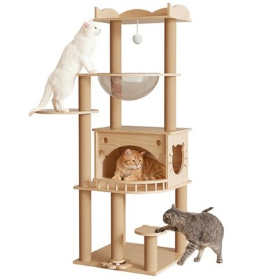 Solid Pine Wood Cat Tree for Indoor Cats, 56.7  Tall Modern Cat Tower with Cl...