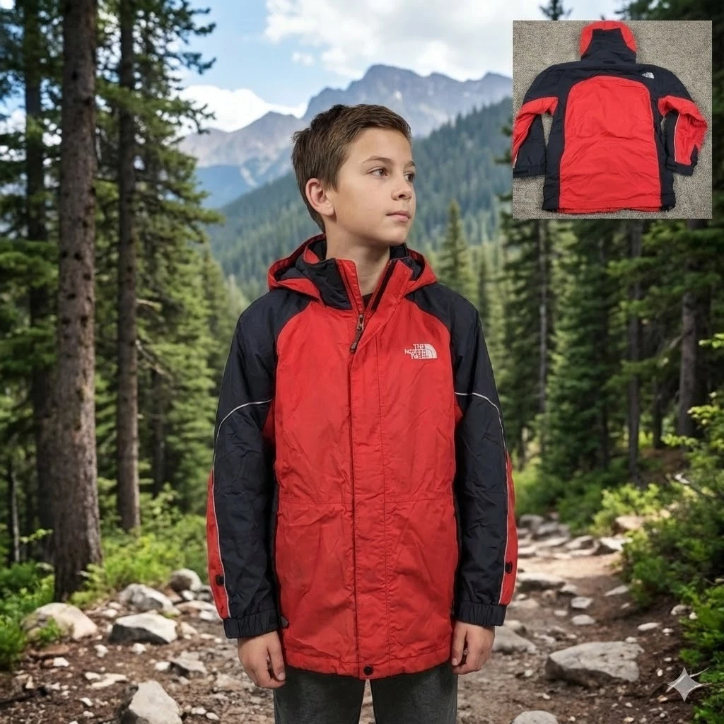 The North Face Youth Jacket Large Red Black Rain Shell Vintage 2006 Hooded Coat