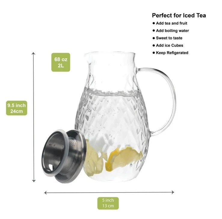 ✅68 унций стеклянный кувшин с крышкой кувшин для горячей холодной воды графин кувшин с ручкой - Изображение 3 из 4
