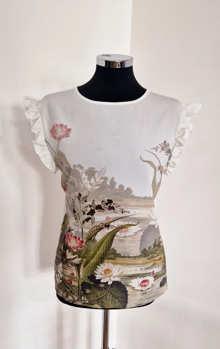 Ted Baker Floral Ruffle Top Size 2 UK 10 Ivory Green Coorai Slinky Cap Sleeve