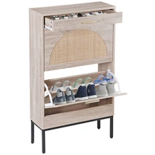 Narrow Shoe Cabinet with 2 Flip Drawers Free Standing Shoe Rack Organize Natural