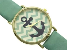 Geneva Coastal Mint Green CHEVRON Navy Gold ANCHOR Nautical Wrist Watch NWT