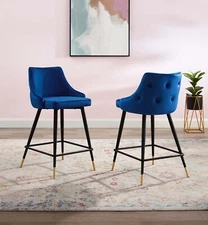 Modway Adorn Tufted Performance Velvet Counter Stool in Navy Set of 2