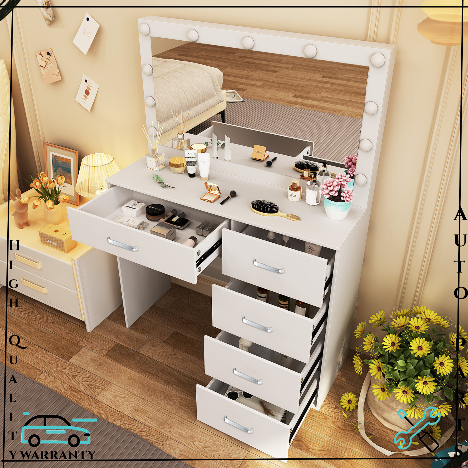 11 LED Vanity Desk with Lighted Mirror & 5 Drawers in White