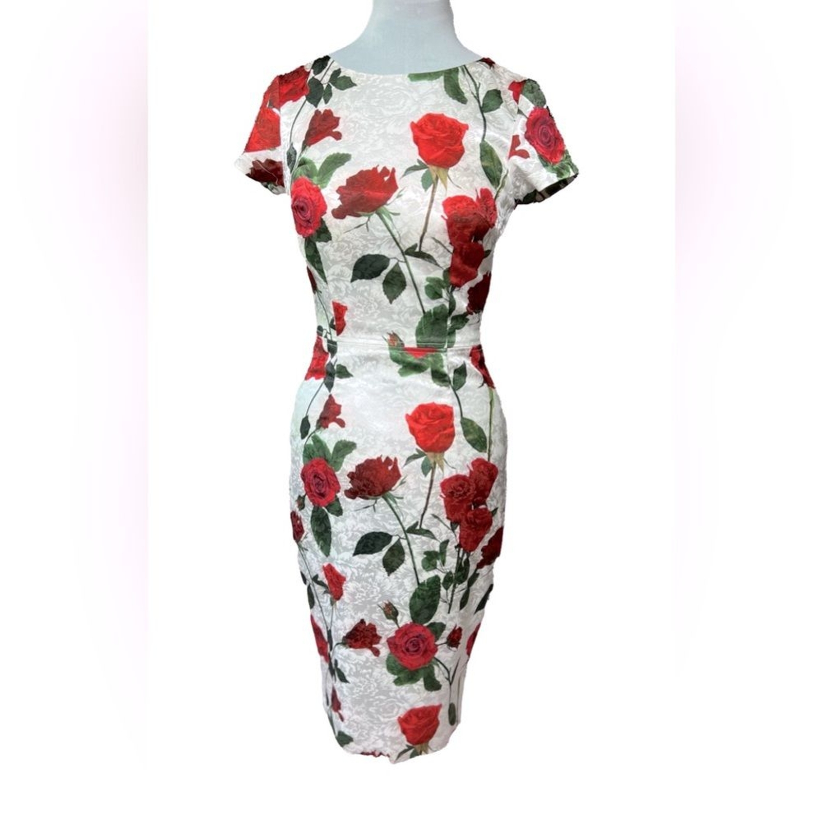 Vintage Pin-Up Inspired Red Rose Fitted Wiggle Dress Size M