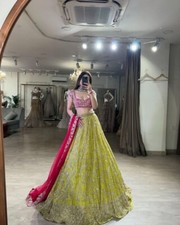 Parrot Green Georgette Lehenga Choli With Dupatta For Women Reception Wear