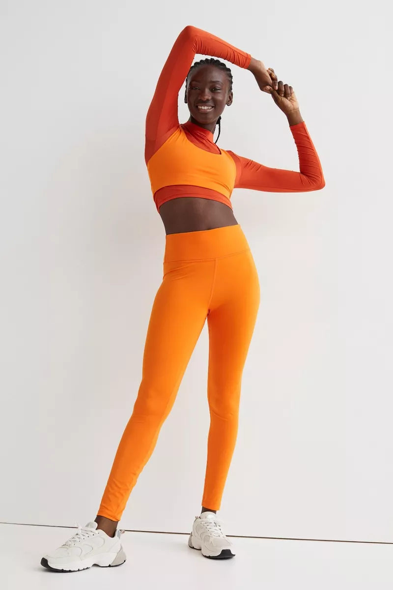 XX H&M HIGH WAIST SPORTS YOGA RUNNING GYM LEGGINGS TROUSERS BRIGHT NEON  ORANGE M