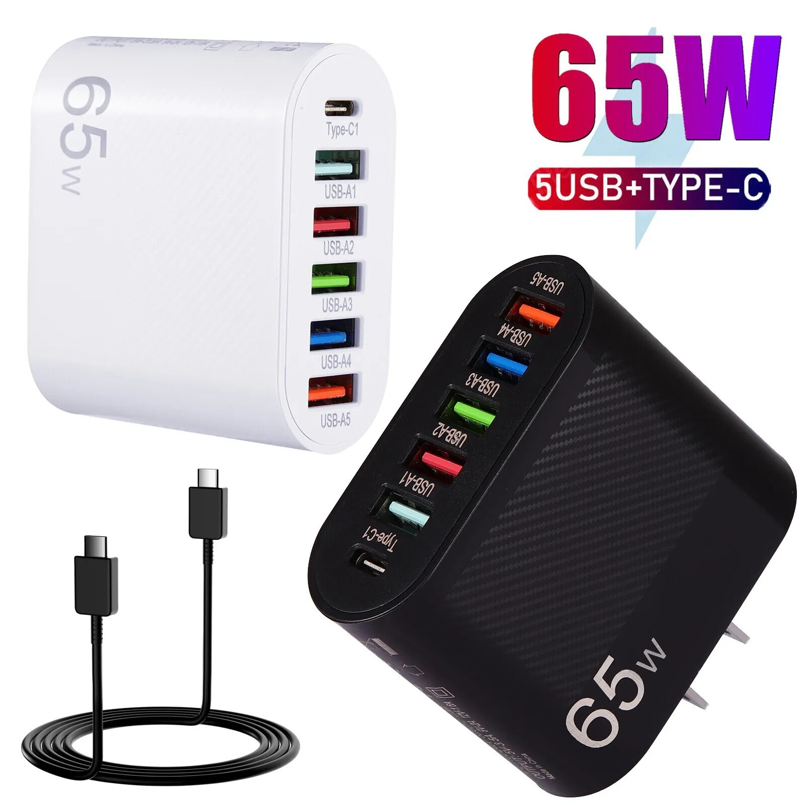 65W Super Fast Wall Charger with 5 USB Ports & Type-C Universal Adapter