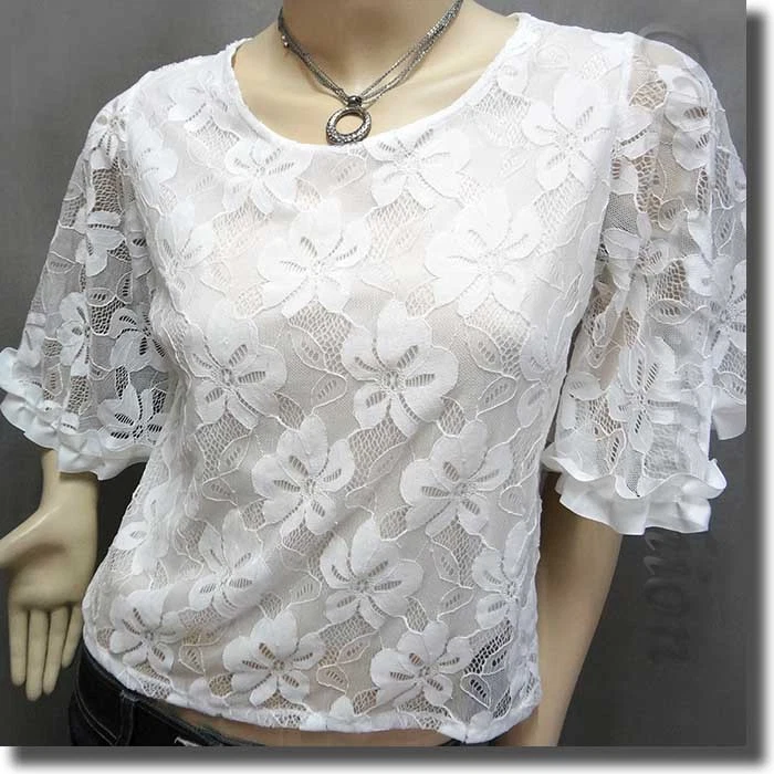 Blusa boho elegante de encaje transparente manga campana blanca S Foto 2 de 4