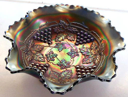Fenton Glass Iridized Blue Carnival Grape & Cable Spatula Footed 8" Ruffled Bowl