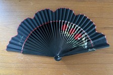 Vintage Sevilla Spain Signed Hand FAN Hand Painted Black Red Flowers Scalloped