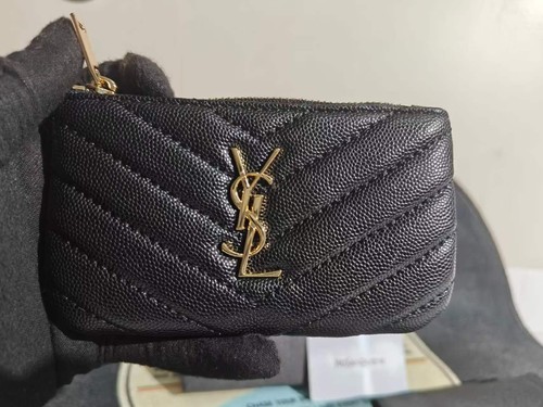YSL Saint Laurent Cassandre Zipped Card Holder Black Grain Leather Gold Logo New
