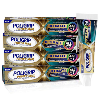 Poligrip Power Max Ultimate All-In-1 Denture Adhesive Cream, Zinc Free, 2.2 Oz (