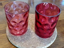 2 VICTORIAN GLASS JUICE TUMBLERS THUMBPRINT CRANBERRY  4" and 3.75" Tall 3" wide