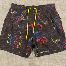 George Mens Swim Trunks Medium 32-34 Black Neon All Over Print Tropical Sea Life
