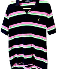 Ralph Lauren Polo Mens Blue Pink Striped 100 Cotton Short Sleeve Shirt Sz Large