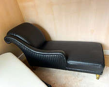 Black Faux Leather Woven Chaise Lounge Chair with Brass-Colour Legs