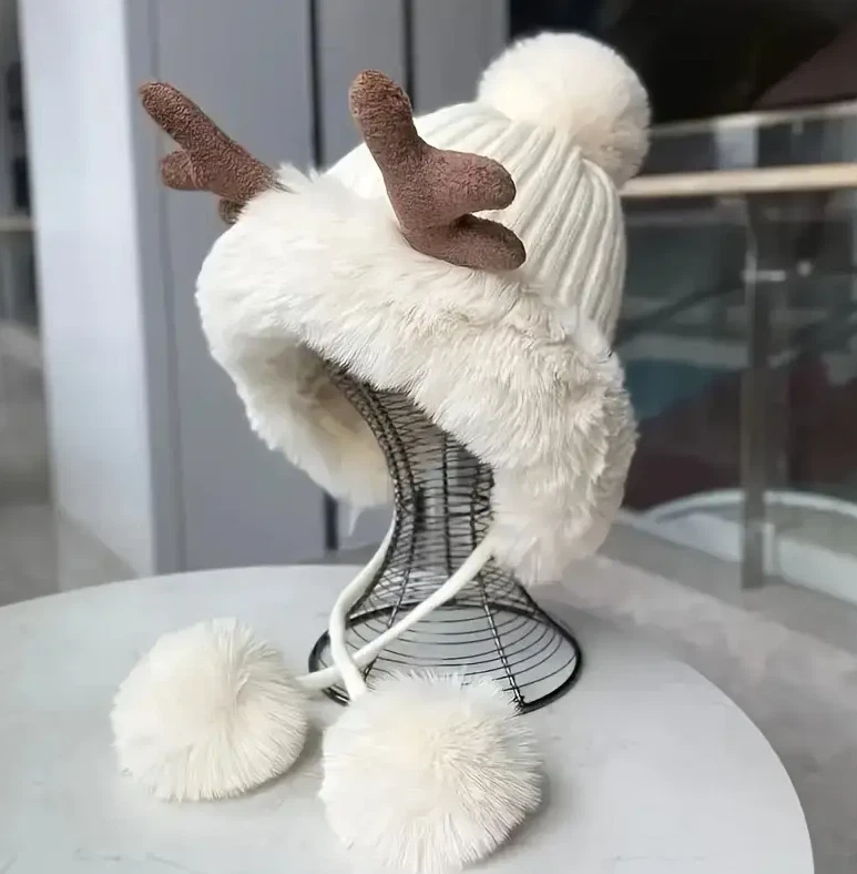 Chapéu de malha feminino inverno com chifres de pelúcia gorro grosso capa de orelha boné de chifre de veado - Imagem 2 de 4