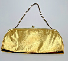 Vtg MCM 1960s HL USA Metallic Gold Evening Clutch Purse w/ Hideaway Chain