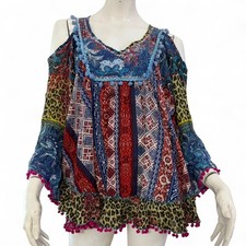 ANTICA SARTORIA Maglia blusa azzurra fucsia multicolore fantasia Tg Unica