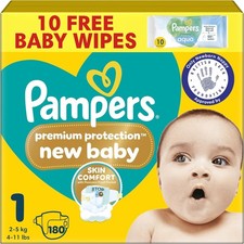 Pampers Premium Protection New Baby Size 1, 180 Nappies, 2kg-5kg, Monthly Pack, 0.21 per nappy