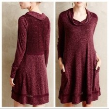 Anthropologie Saturday Sunday Cowl Neck Burgundy Crochet Back Long Sleeve Dress