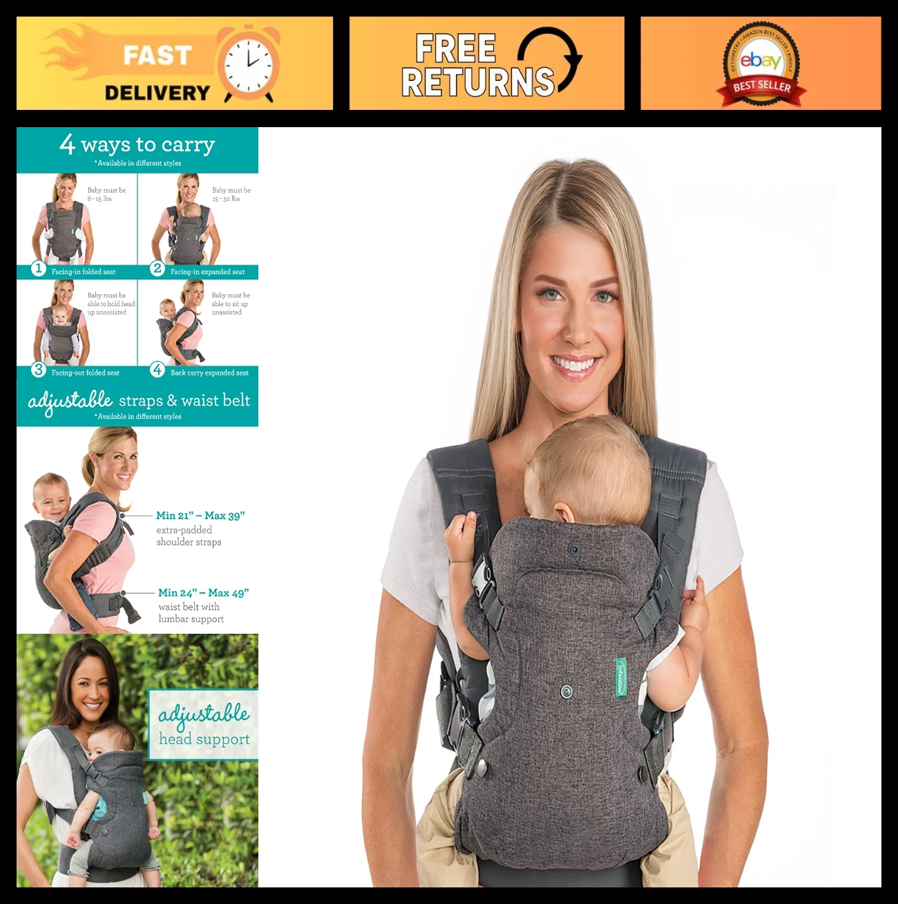 4-in-1 Convertible Baby Carrier, Adjustable Ergonomic Design, Newborn to Toddler
Opens in a new wind