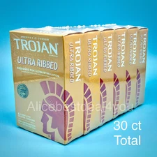 Trojan Ultra Ribbed Lubricated Latex Condoms 30 Count (6 Pack of 5) Exp 10/25