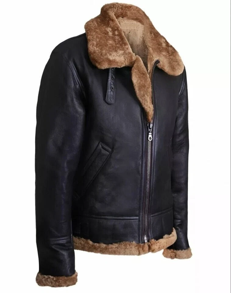 B-3 Mens Jacket WW2 US Navy RAF Aviator Flying Pilot Fur Shearling Real Leather