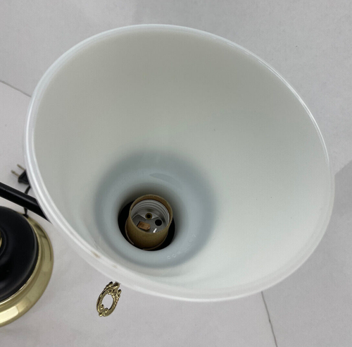 Black Metal & Brass Lamp Tole Student Banker Library Corning Milk Glass Shade - Picture 9 of 16