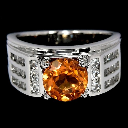 NATURAL AAA ORANGISH YELLOW CITRINE & WHITE CZ STERLING 925 SILVER RING 7.25