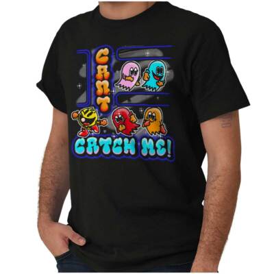 Retro PACMAN Game Airbrushed Can't Catch Me Womens or Mens Crewneck T Shirt Tee