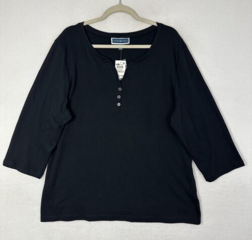 Karen Scott Womens T Shirt Deep Black V-neck 3/4 Sleeve 3 Button Up Size 1X NWT