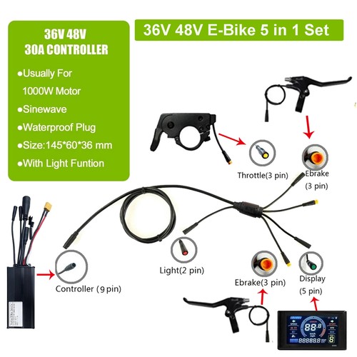 5in1 36V/48V 30A 1000W 3mode Ebike Controller+LCDDisplay+Brake+PAS+Throttle Kit - Picture 3 of 13