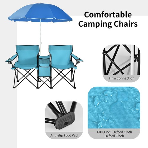 Costway Portable Folding Picnic Double Chair Umbrella Table Cooler Beach Camping - Picture 22 of 28