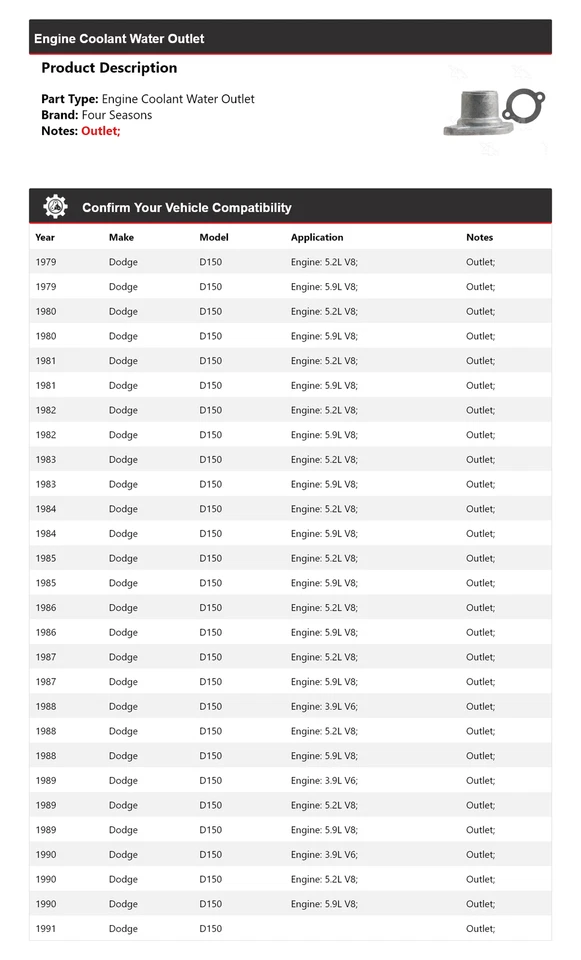 Salida de agua refrigerante motor Dodge D150 1979-1991 4 estaciones 1980 1981 1982 Foto 2 de 4