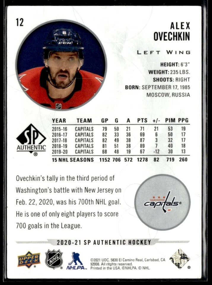 2020-21 Sp Authentic Alex Ovechkin #12 - Image 2 of 2
