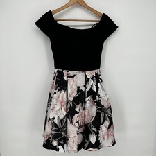Betsy & Adam Dress Womens 6 Black Floral Print Off The Shoulder Evening Pleated