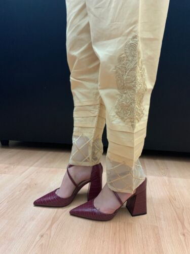 Women Trousers Embroidery Shalwar Salwar Black-Gold Capri Pencil Pants PJ Pajama - Picture 9 of 11