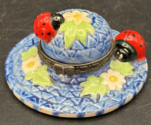 Straw Hat Ladybugs Collectible Hinged Lid Trinket Box Porcelain Mini 3.5” - Picture 1 of 7