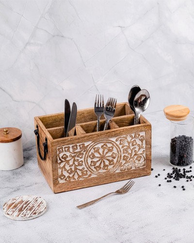 4-Compartment Wooden Silverware Caddy Farmhouse Utensil Organizer with Handles - Picture 3 of 8