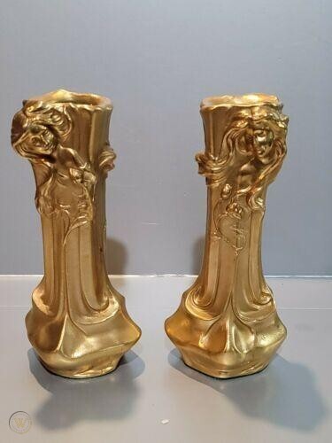 PAAR JUGENDSTIL BALAUSTRO DAMEN BLUMENVASEN FRANCESCO FLORA? GILD NACHBEARBEITET - Bild 1 von 12